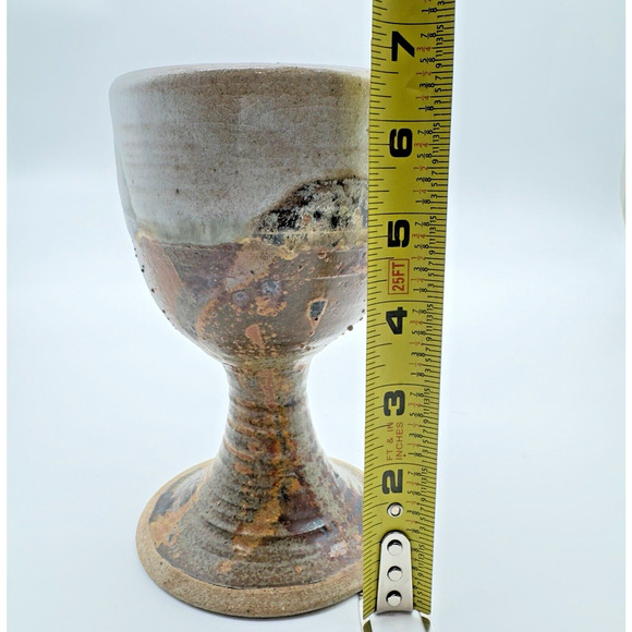 Studio Art Pottery Goblet Chalice Cup Textured Brown Gray Stoneware Signed #4 - Picture 10 of 11